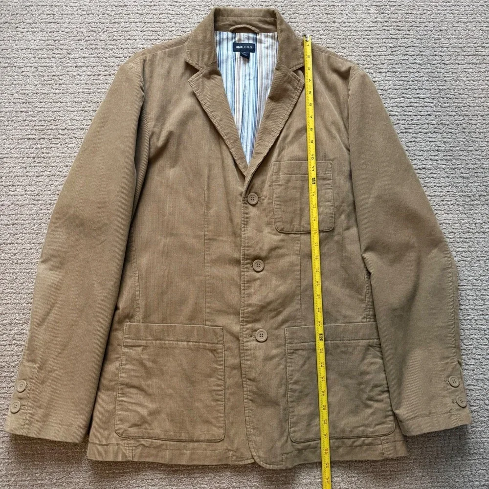 H&M LOGG Corduroy Blazer Mens XL‎ Tan Khaki Sport Coat 3-Button Striped Lining